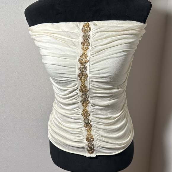 Velvet Tube Ruched embellished ivory top Sz M 100% cotton - Picture 2 of 9
